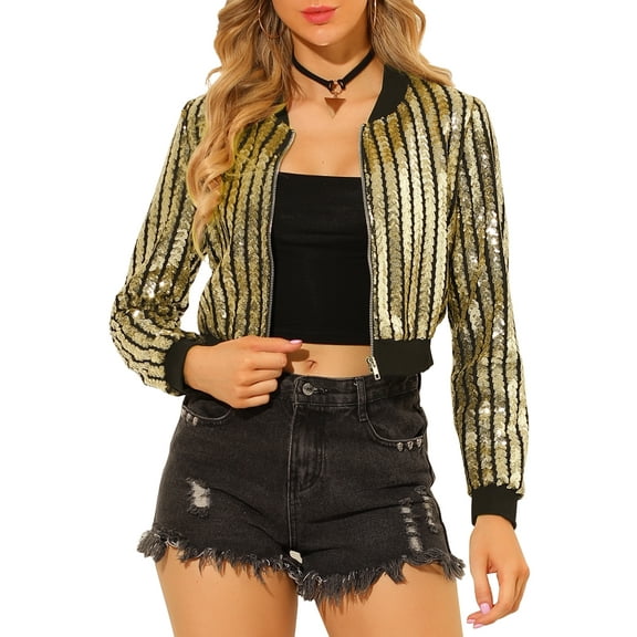 INSPIRE CHIC Women's Metallic Long Sleeve Stand Collar Zipper Cropped Bomber Jacket M Gold