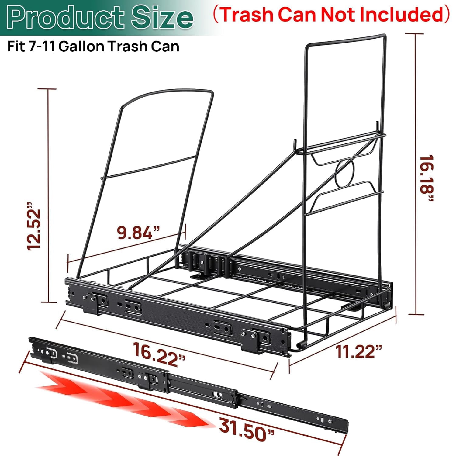 Pull Out Trash Can for Kitchen Cabinet, Stainless Steel Adjustable Slide Out Shelf, Cabinet Trash Can Pull Out Kit, Fits 7-11 Gallon Garbage Bins, Black (Bin Not Included)