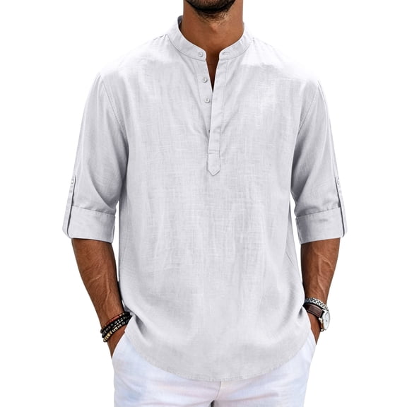 Satingcolo Linen Henley Shirts for Men V Neck Long Sleeve Band Collar Button Shirts Casual Breathable Vacation Hippie Top,White L