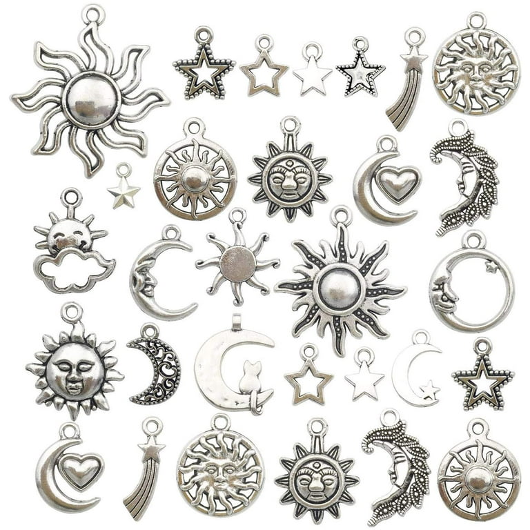 70 Pieces) Craft Supplies Mixed Antique Silver Sun, Moon and Star