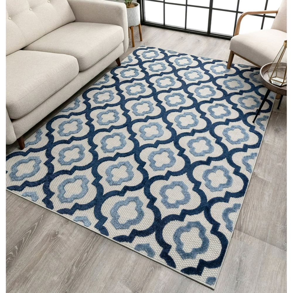 Tangier Blue Indoor/Outdoor Moroccan Trellis Area Rug High Traffic