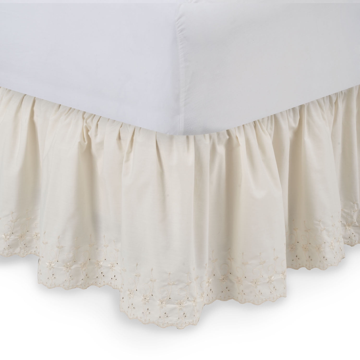 WHITE EYELET DUST RUFFLE ELASTIC BEDSKIRT 14"DROP---QUEEN----COMES IN BEIGE ALSO 