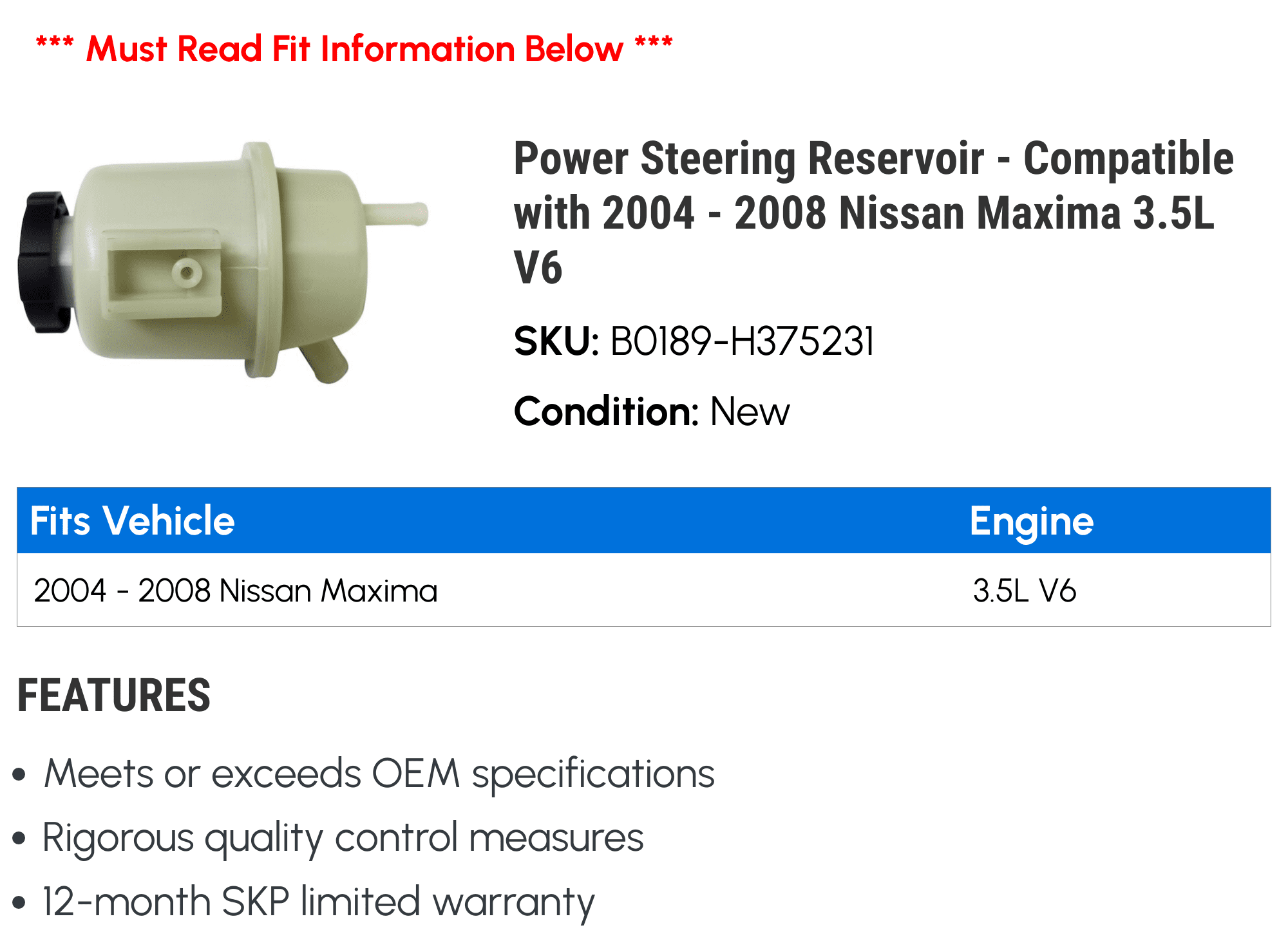 Power Steering Reservoir - Compatible with 2004 - 2008 Nissan Maxima 3.5L V6 2005 2006 2007