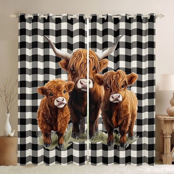 jejeloiu Kawaii Highland Cattle Black Out Curtains,Rustic Farmhouse Animal Curtains Pack of 2 (42x63 Each),White Black Classic Checkered Bedroom Curtains For Girls Boys,Super Cozy Room Decor