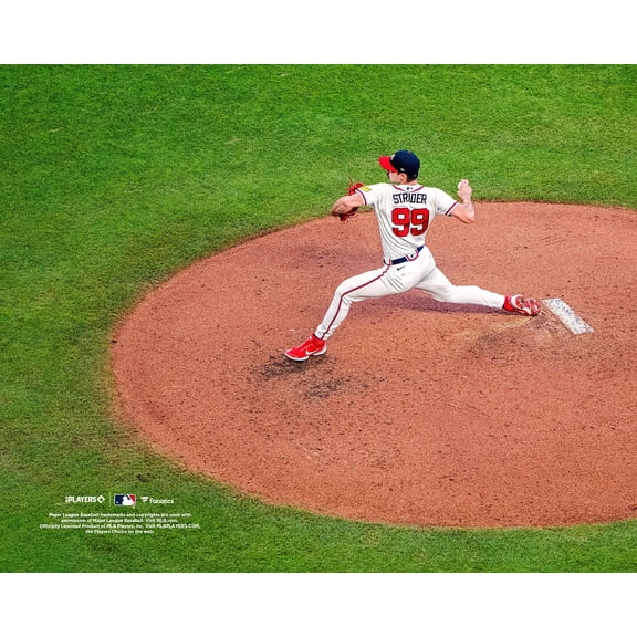 Spencer Strider Atlanta Braves Unsigned White Jersey Overhead Photograph