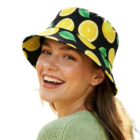 XIAOCHA Womens Fruit Graphic Bucket Hat Printed Sun Hat Summer Beach Wide‑Brim Hat,Black