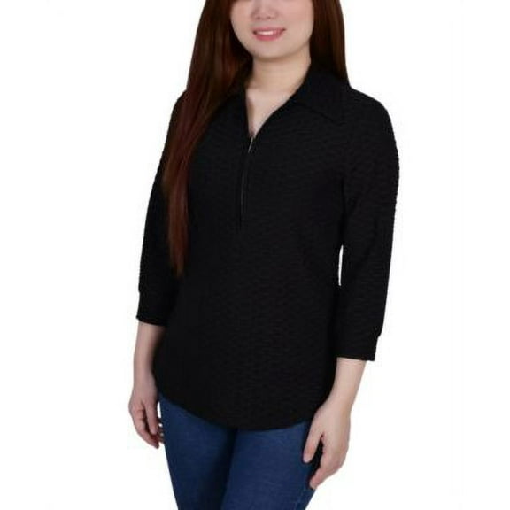 MSRP $42 Notations Women Petite Honeycomb Half-Zip Top Black Size PSmall