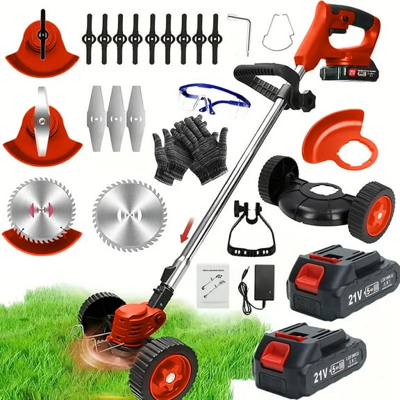 Electric Weed Wacker Cordless, 4 in 1 Lawn Mower Grass Edger with 2 Pcs 2000mAh Batteries Powered & Detachable Wheels, Foldable and Lightweight Grass Trimmer/Brush Cutter