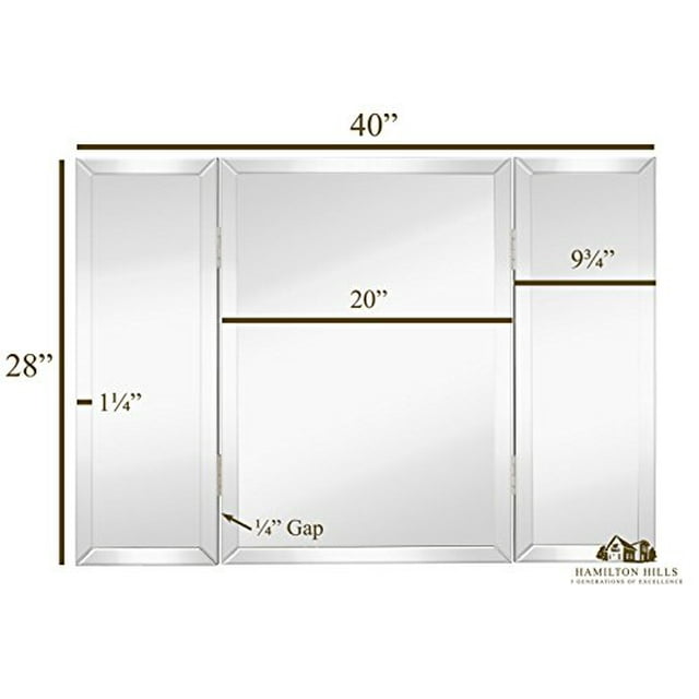 Hamilton Hills Trifold Vanity Mirror - 28 x 40 Inches Tri-fold Tabletop Mirror or Wall-Mount Mirror with Beveled Mirrored Edges - 3 Panel Vanity Mirror with Hinges for Folding - Makeup or Dressing