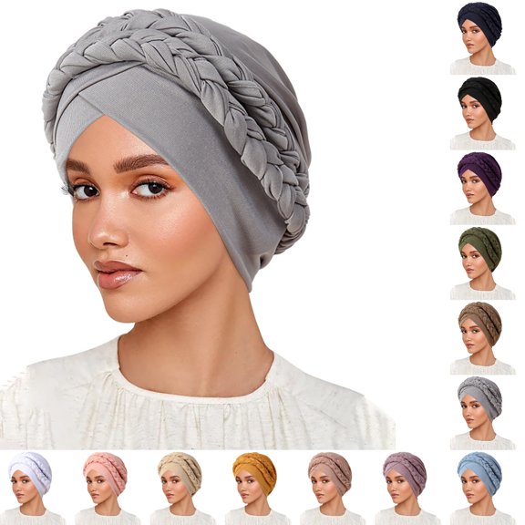 Bmisegm Womens Headbands Milk Silk Hijab Headband Two Tone Solid Color Head Wrap Braided Design Bandanas for Women Grey_001