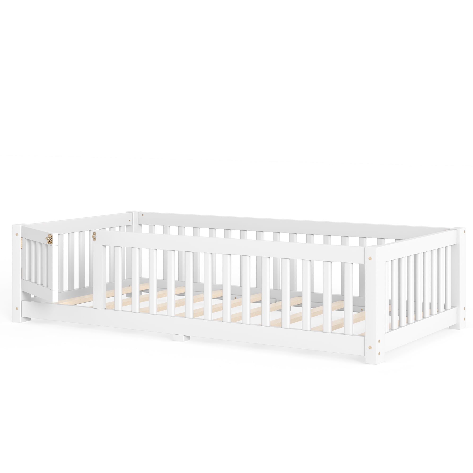 Twin Size Kids Floor Bed with Door and Full-Length Guardrails, Wood Montessori Floor Bed with Support Slats, Toddler Bed for Boys Girls, No Box Spring Needed Design