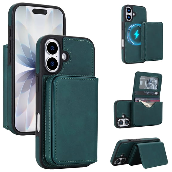 ELEHOLD 2-in-1 Wallet Case for iPhone 17, Detachable RFID Blocking Shockproof Magnetic Case with Kickstand,Green