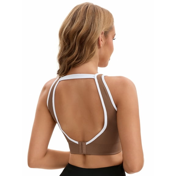 Unique Bargains Women's Contrast Color Open Back Workout Tank with Built-In Bras S Brown
