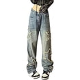 thumbnail image 1 of Pantalones vaqueros de mujer con estampado de estrellas, pantalones vaqueros rectos de pierna ancha, pantalones holgados Y2K, pantalones cargo de calle vintage con bolsillos (M), 1 of 5