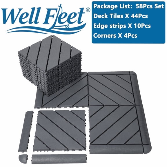 Well Fleet 58Pack Plastic Interlocking Deck Tiles, 12" X 12" Texture Plastic Interlocking Deck Tiles, Indoor/Outdoor Durable Plastic Flooring For Patios, Walkways, Pool Edges, Balconies