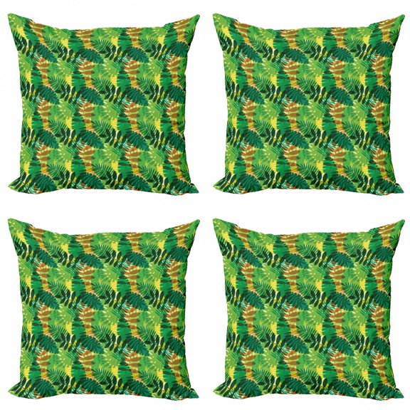 Tropical Throw Pillow Cushion Case Pack of 4, Exotic Palm Leaves Greenery Foliage Composition of Hawaiian Style Summery Plants, Modern Accent Double-Sided Print, 4 Sizes, Multicolor, by Ambesonne