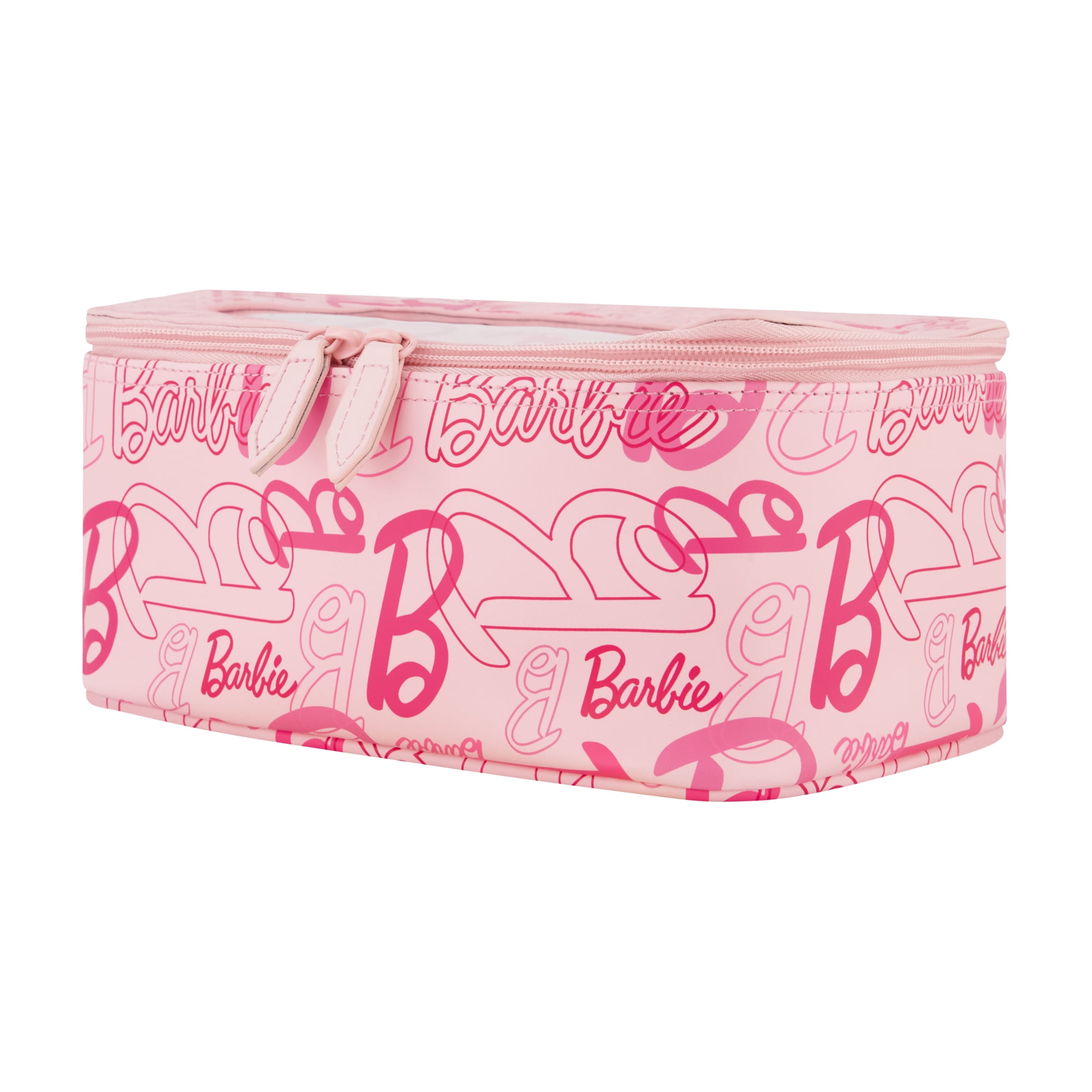 Barbie 2-Piece Women's Makeup Bag, Two Zipper Travel Cosmetic Zipper Pouch Organizer with Logo, Pink