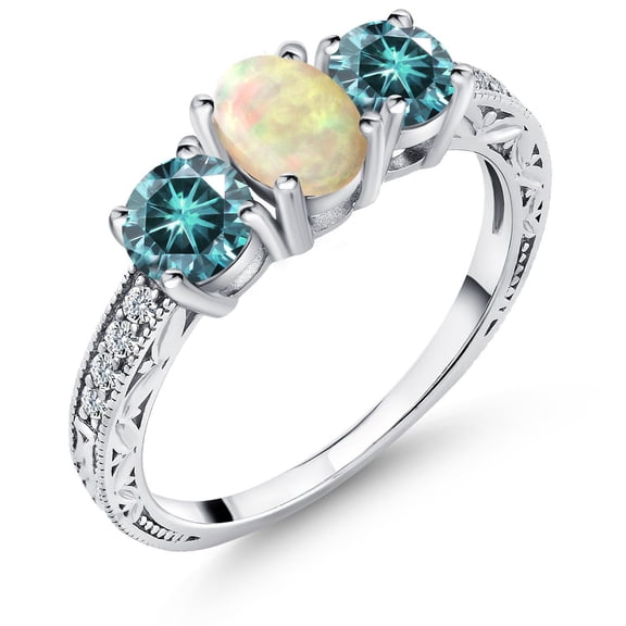 Gem Stone King 925 Sterling Silver 3-Stone Ring Oval/Cabochon White Ethiopian Opal and Vivid Blue Moissanite (1.63 Cttw, Size 8)