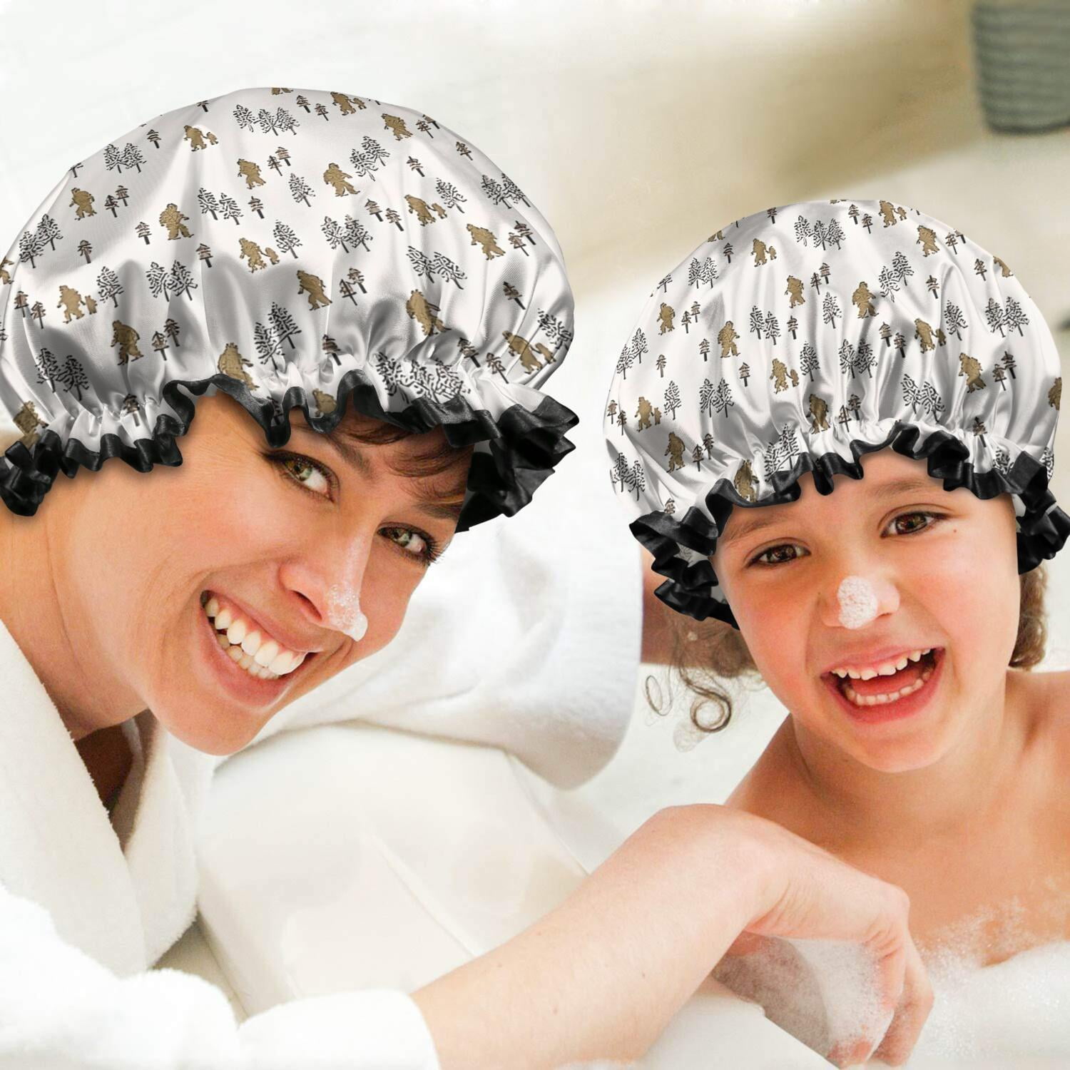 Shower Caps,White Bigfoot and Tree Pattern Waterproof Shower Cap for Women 4 Pieces,Double Reusable Hair Cover for Shower PEVA Elastic Stretch Hem