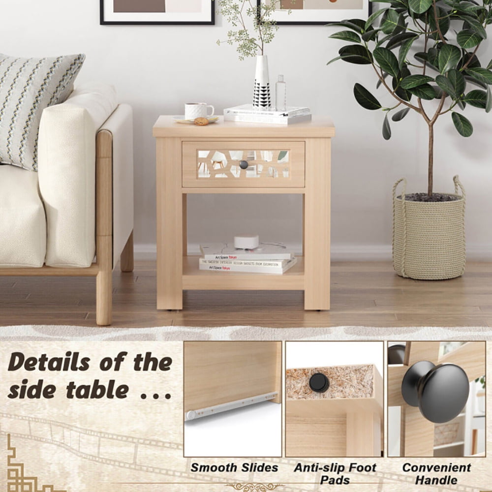 Finihen End Table, Wood Retro End Table with Mirrored Glass Drawer and Open Storage Shelf, Sofa Side Table, Bed Side Table, for Living Room, Bedroom, Natural Finihen End Table, Wood Retro End Table with Mirrored Glass Drawer and Open Storage Shelf, Sofa Side Table, Bed Side Table, for Living Room, Bedroom, Natural