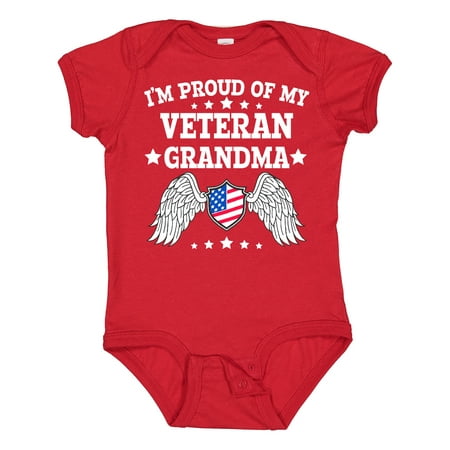 

Inktastic I m Proud of My Veteran Grandma with Shield American Flag and Angel Wings Gift Baby Boy or Baby Girl Bodysuit
