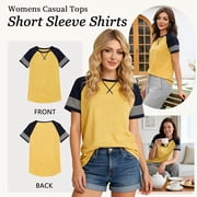 TEMOFON Summer Short Sleeve Tops for Women Color Block Casual Tunic Crew Neck Striped T Shirts Yellow Women Tops Size L