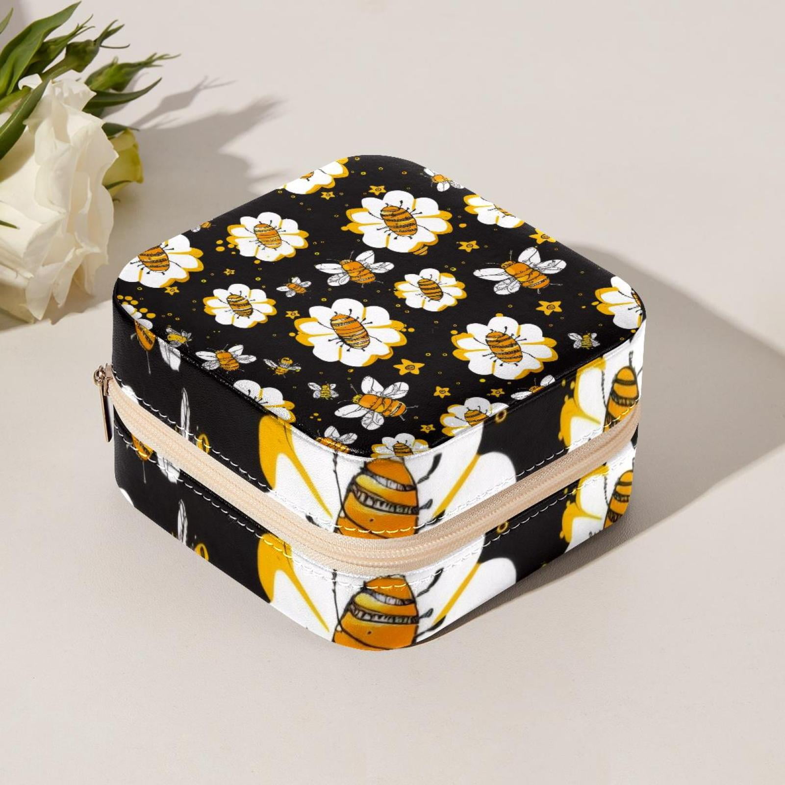 PhooArto Small Jewellery Box, Cartoon Bees Flowers Pattern Portable Travel Mini Jewelry Case for Women Leather Ring Organizer