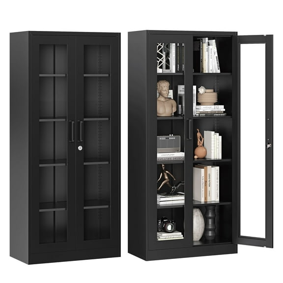 STANI 71"H Metal Glass Display Cabinet, 4 Adjustable Shelves,Lockable Storage Cabinets with Tempered Glass Door, for Home Office Pantry Bathroom,Black