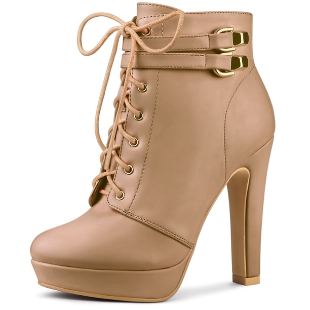 Botines con plataforma Allegra K con tacones de bloque y correa Desnudo 41