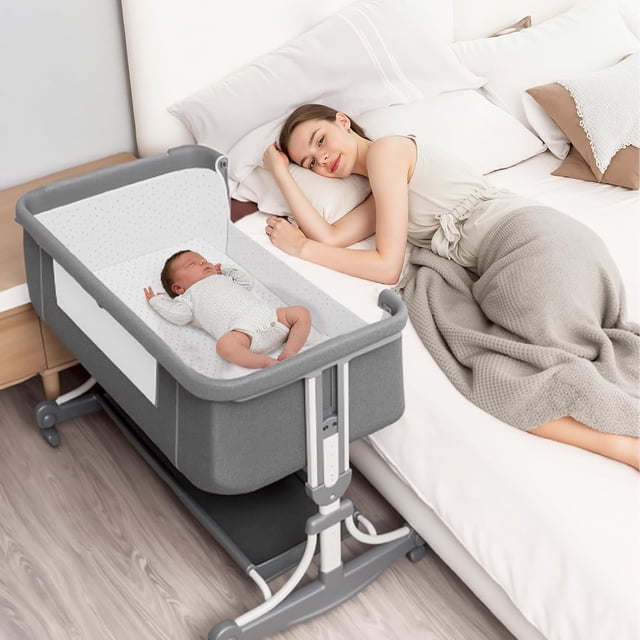 Cuna para Bebé, Colecho para Bebé, 8 Posiciones de Altura Ajustables con Mosquitera, Colchón, Cambiador, Cesta de Almacenamiento, Almohadilla Refrescante, Ruedas Girs de 360°
