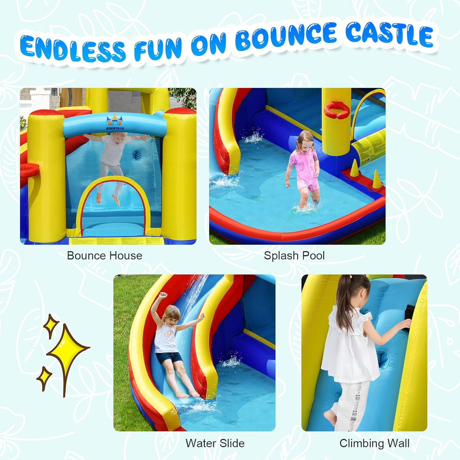 OLAKIDS Inflatable Water Slide, 8 in 1 Bounce House Water Park with Slide Splash Pool Climbing Wall Basketball Hoop Ring Toss, Outdoor Inflatable Obstacle Course for Kids Backyard (With 735W Blower)