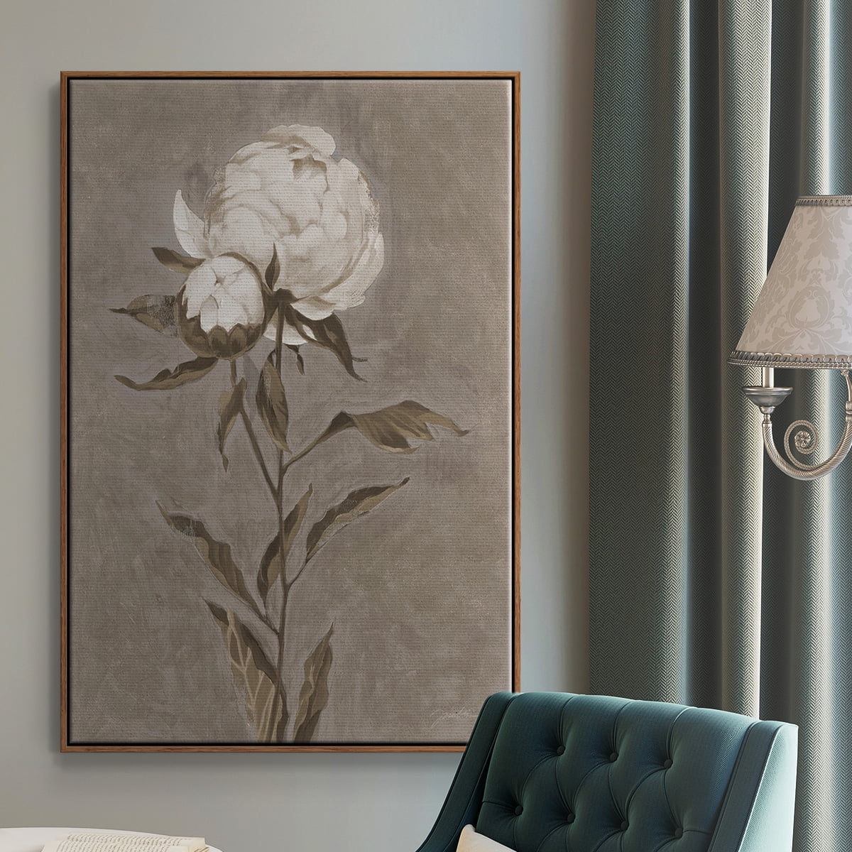 Pretty as a Peony II Framed Premium Gallery Wrapped Canvas - Ready to Hang - 17 x 25 - Walnut Floating Frame