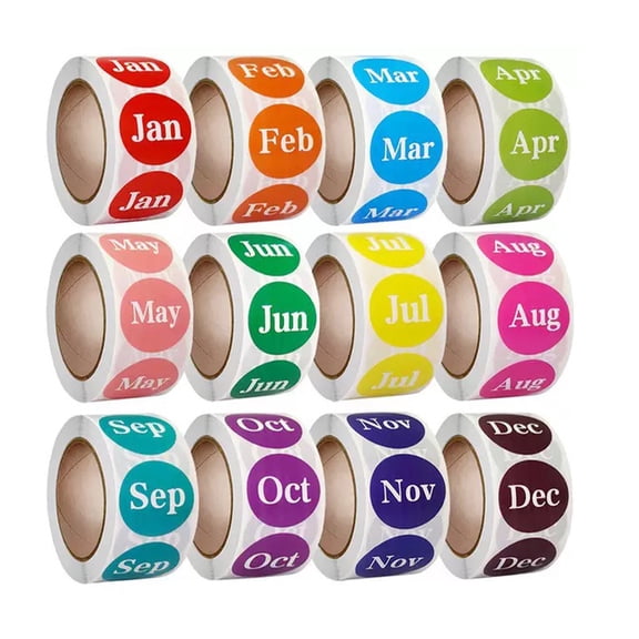 Round Month Stickers, 12 Rolls 6000 Labels, 1 Inch Color Coding Monthly Adhesive Stickers, 500 Pieces Per Roll