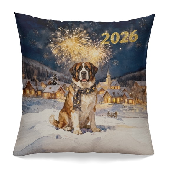 Saint Bernard Happy New Year 2026 with Fireworks on New Year's Eve Pillowcase Double Sided St Dog Lover Pillow Case Covers - 12022