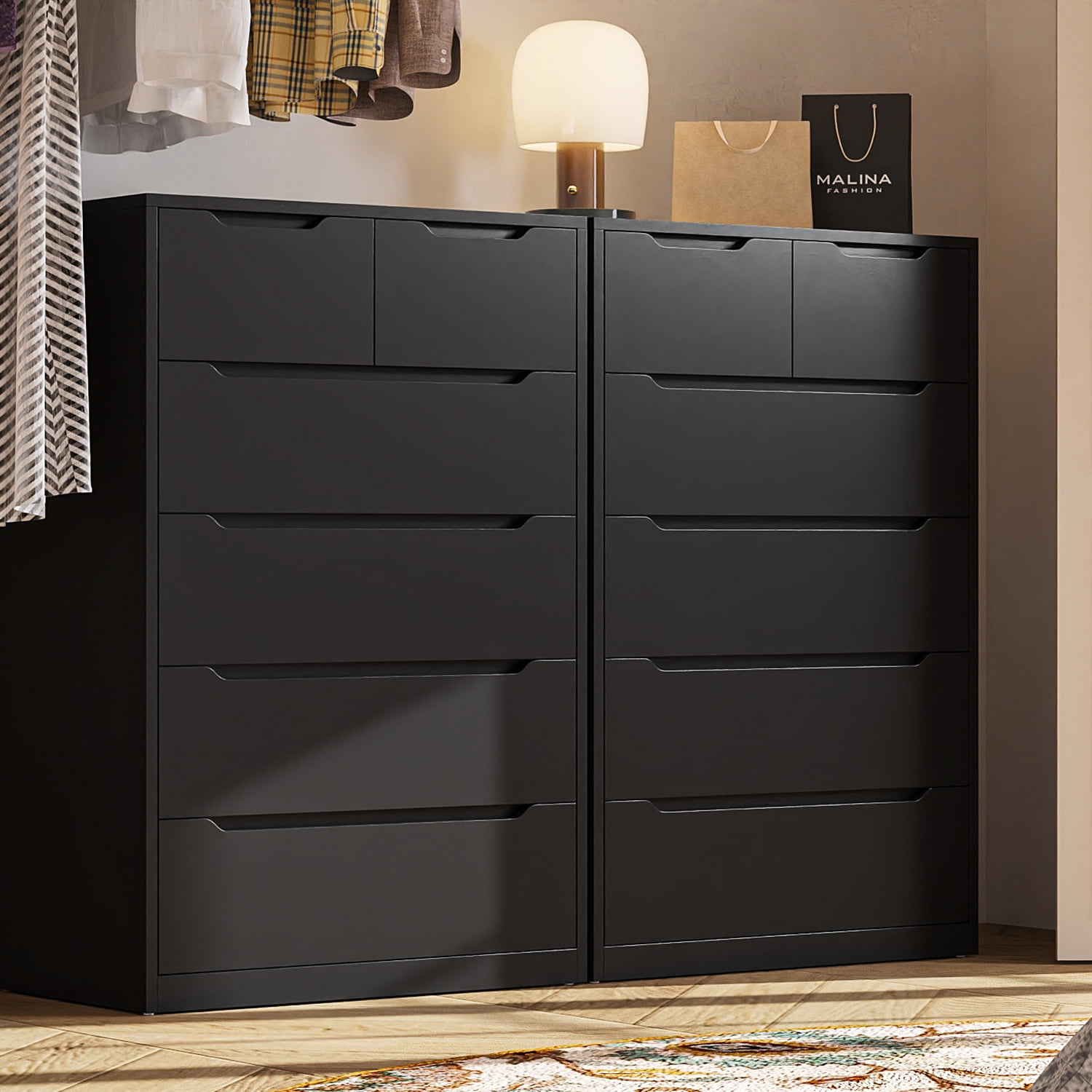 EnHomee Black Tall Dresser Wood 6 Drawer Dressers for Bedroom Wood Chest of Drawers with Smooth Metal Rail Large Dresser Modern Storage Cabinet for Home Office Living Room, 43.3"H x 27.5"L x 15.7"D