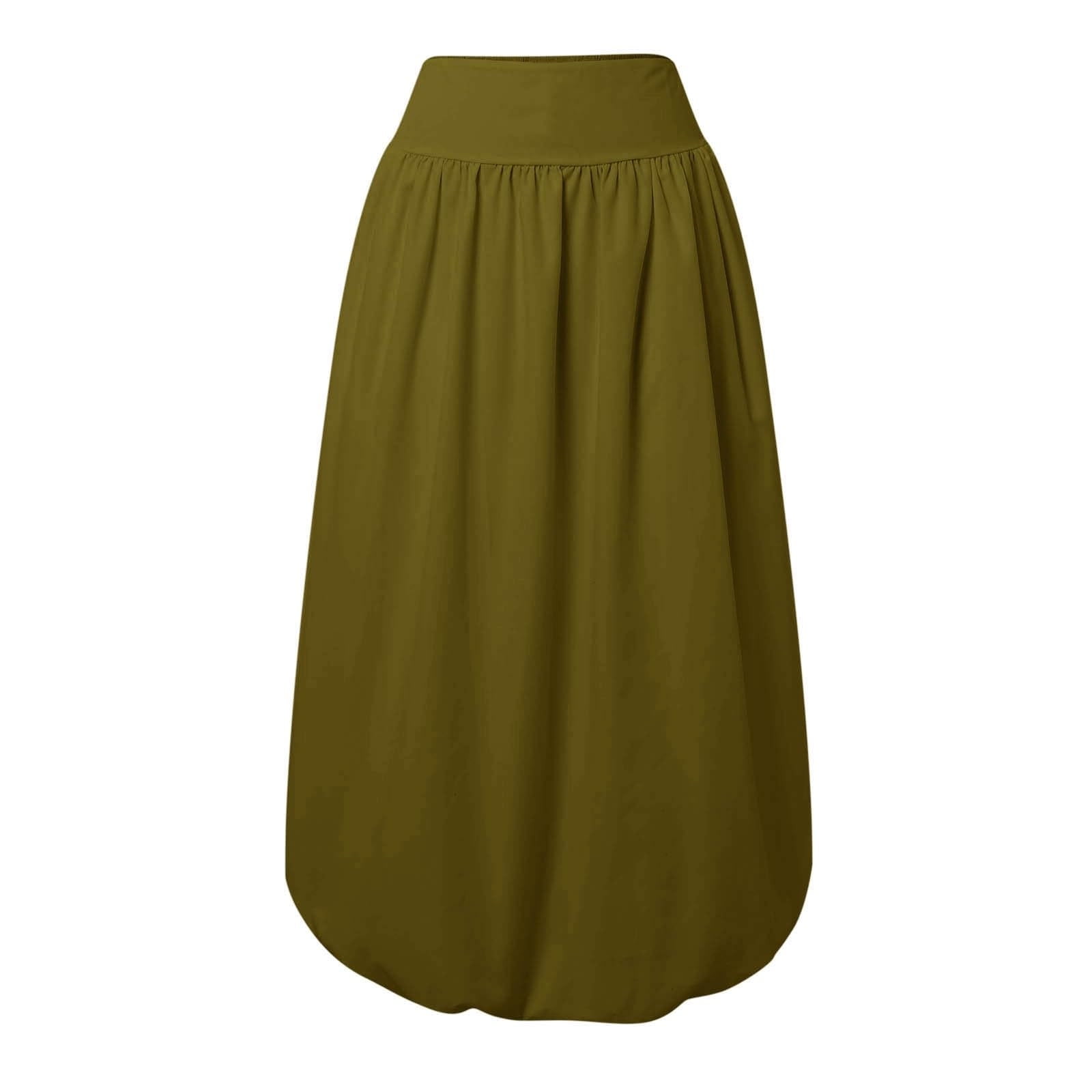 Women Bubble Maxi Skirt Summer Elastic High Waist a Line Long Skirt Casual Ruffle Pleated Midi Half Dress with Pockets Green L