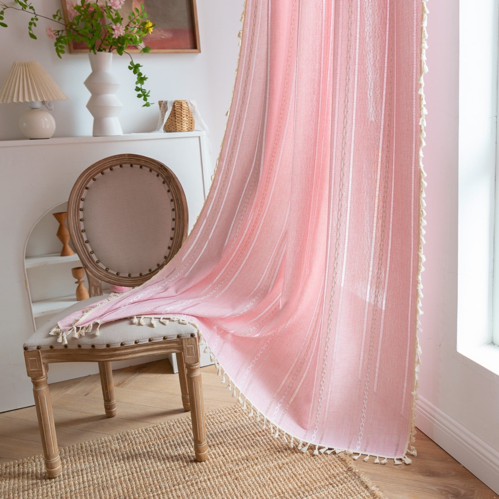 Curtain,Home Champagne Boho Curtains For Bedroom Semi Linen Farmhouse Shabby Chic Tassels Window Embroidery Drape For House Decor Rod Pocket 1 Panel