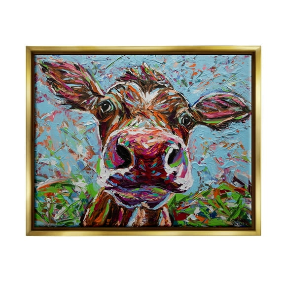 Stupell Industries Bold Cattle Cow Kaleidoscopic Layered Farm Painting Painting Metallic Gold Floating Framed Canvas Print Wall Art, Design by Carolee Vitaletti