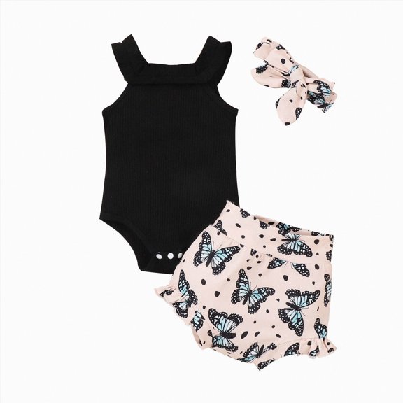 Xudanell Newborn Photography Outfits Girl Baby Sleeveless Romper Ruffle 3pcssets Butterfly Print Shorts Headband Set Baby Clothes