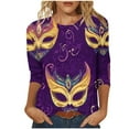 thumbnail image 2 of Cavosen Mardi Gras Casual Women's Shirts 3/4 Length Sleeve Festival Carnival Crewneck Tops Mask Graphic Print Shirts Holiday Novelty Blouse Loose Going out Tees Party Shrove Tuesday M, 2 of 5