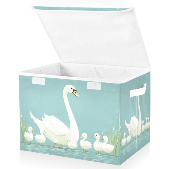 Yayeee Collapsible Cube Storage Bin with Lid Fabric Closet Decorative Basket with Handles, White Cartoon Swan