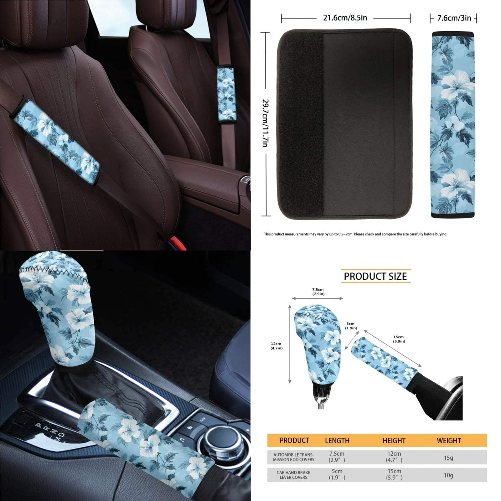 Jeiento Blue Hibiscus Flowers Car Seat Cover with Steering Wheel Cover Seat Belt Strap Pad Handbrake Gear Shift Knob Cover Rubbish Bin Armrest Cover Auto Rearview Mirror Cover Coasters 14 PCS