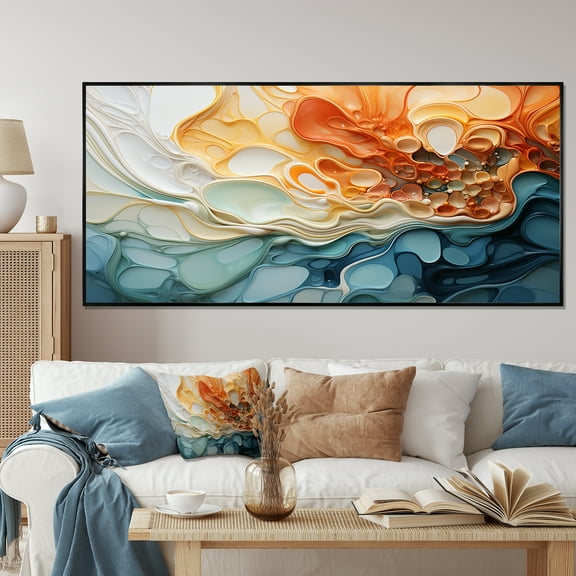 Designart "Fluid Cascade in Blue and Orange Ink" Extra Large Abstract Framed Wall Art - Modern Colorful Abstract Liquid Ink Entryway Framed Wall Art Print