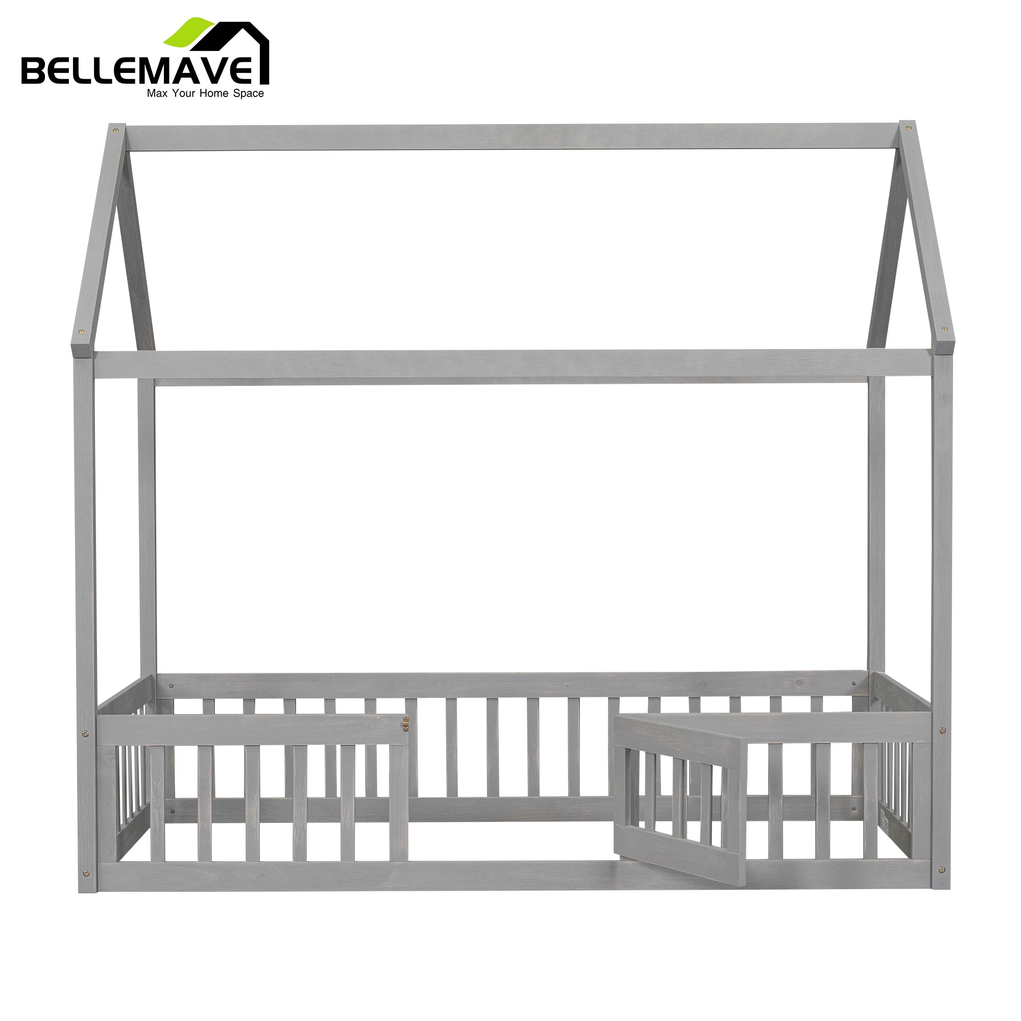 Twin Size Montessori Bed, Twin House Beds with Fence and Door, Floor Bed Twin with Rails (Gray)