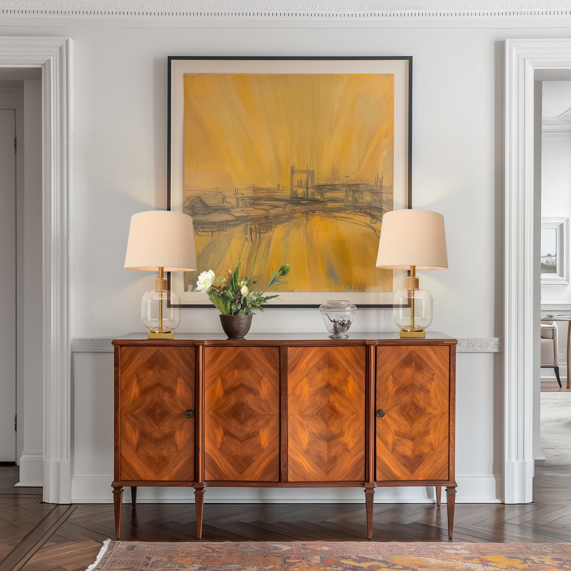 Flabellum 24-in Polished Gold and Seeded Glass LED 3-way Table Lamp with Fabric Shade