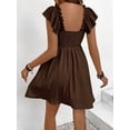 thumbnail image 2 of Coffee Brown Womens Solid Boat Neck Ruffled Cap Sleeve Smocked Waist A-Line Short Casual Dress, 2 of 6