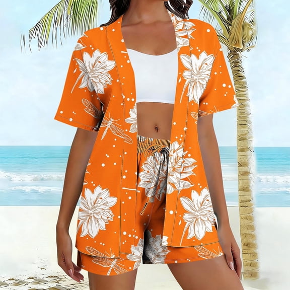 Gamivast Summer Sets Women 3 Piece Outfits Floral Dragonfly Print Kimono & Shorts with Tank Top Vacation Suits Boho Beach Cover Up Hawaiian Holiday Matching Set