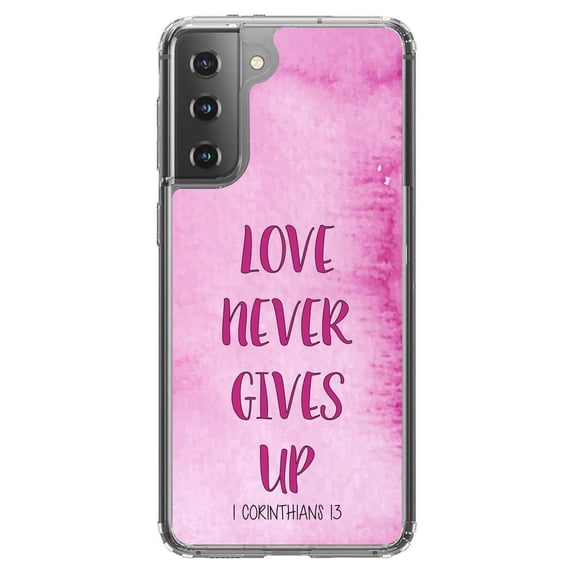 DistinctInk Clear Shockproof Hybrid Case for Galaxy S21  PLUS 5G (6.7" Screen) - TPU Bumper, Acrylic Back, Tempered Glass Screen Protector - 1 Corinthians 13 - Love Never Gives Up - Christ