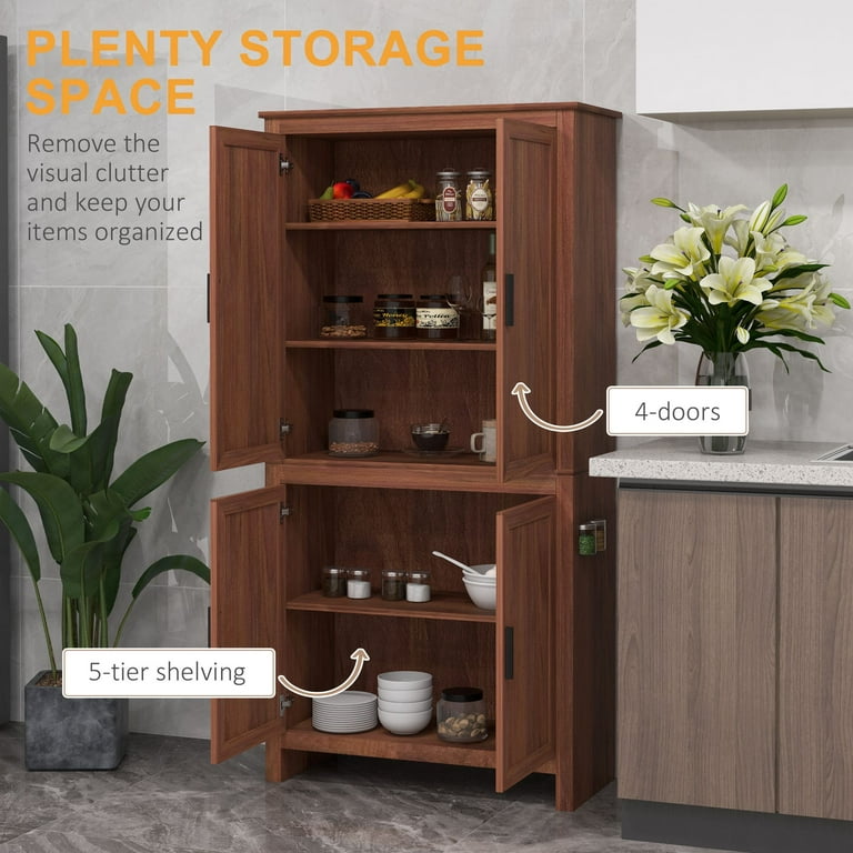 HOMCOM 64 4 Door Kitchen Pantry Freestanding Storage Cabinet with 3 Adjustable Shelves for Kitchen Dining or Living Room Brown