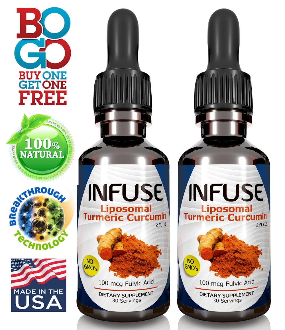 INFUSE Liposomal Liquid Turmeric Curcumin  2 Bottle Pack Superior Absorption, 95% Curcumin, High Potency Organic Joint Pain & Inflammation Relief, With Fulvic Acid, MFD USA Ships Free